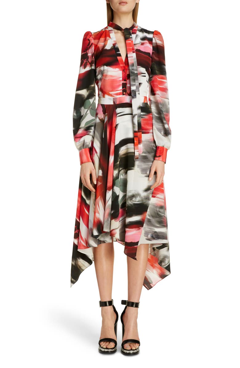 McQueen Alexander McQueen Rose Print Silk Asymmetrical Long Sleeve Dress, Main, color,