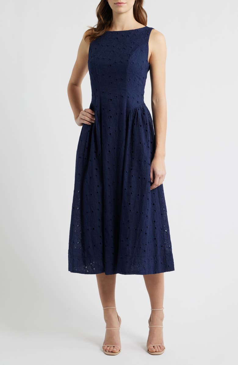 All in Favor Broderie Anglaise Fit & Flare Midi Dress, Main, color, Navy