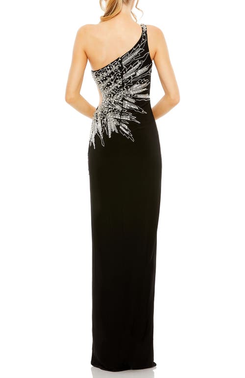 Mac Duggal One-shoulder Sleeveless Gown With Thigh Slit And Luxe Embellishments In Black