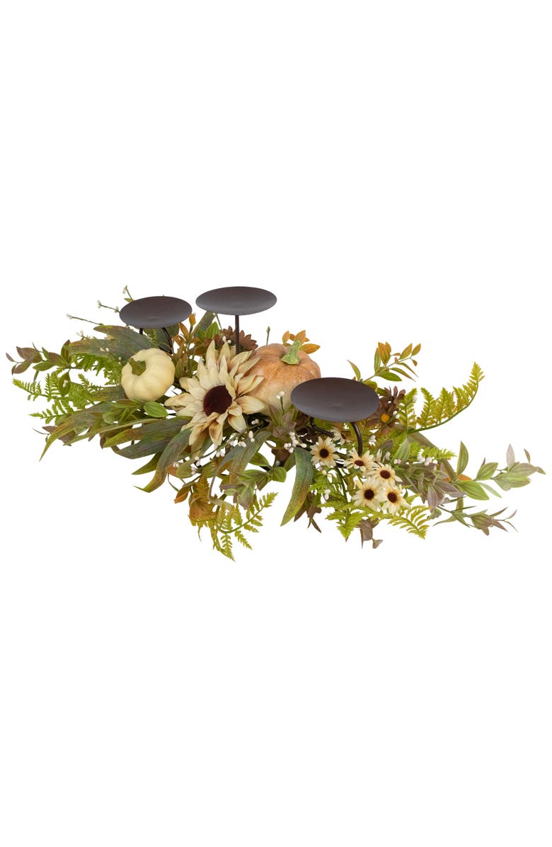 Northlight Sunflowers and Pumpkins Fall Harvest Triple Pillar Candleholder - 28", Alternate, color, Green