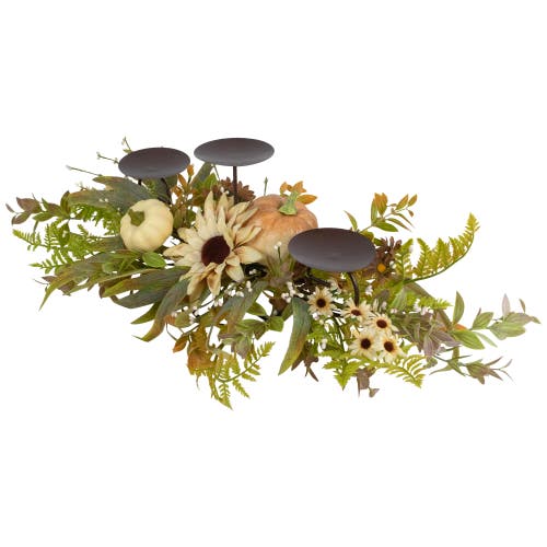 Northlight Sunflowers And Pumpkins Fall Harvest Triple Pillar Candleholder In Green