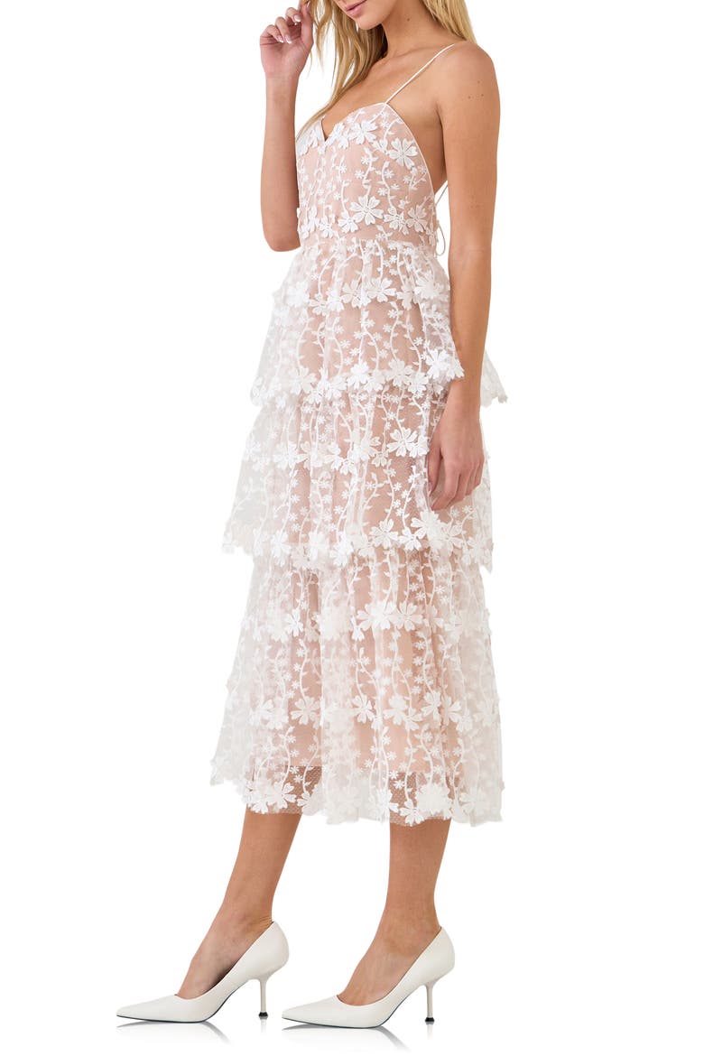 Floral Embroidered Tiered Lace Midi Dress, Alternate, color, WHITE