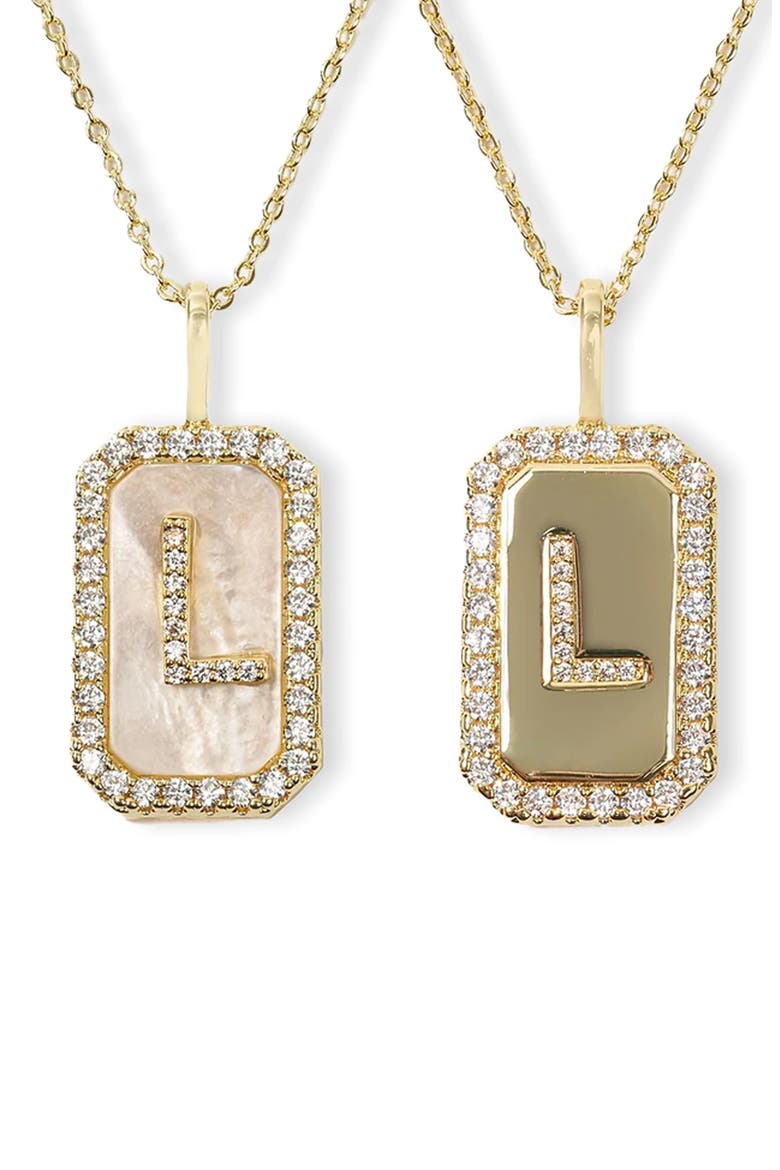 Love Letters Double Sided Mother-of-Pearl Initial Pendant Necklace, Main, color, WHITE CUBIC ZIRCONIA/ GOLD - L