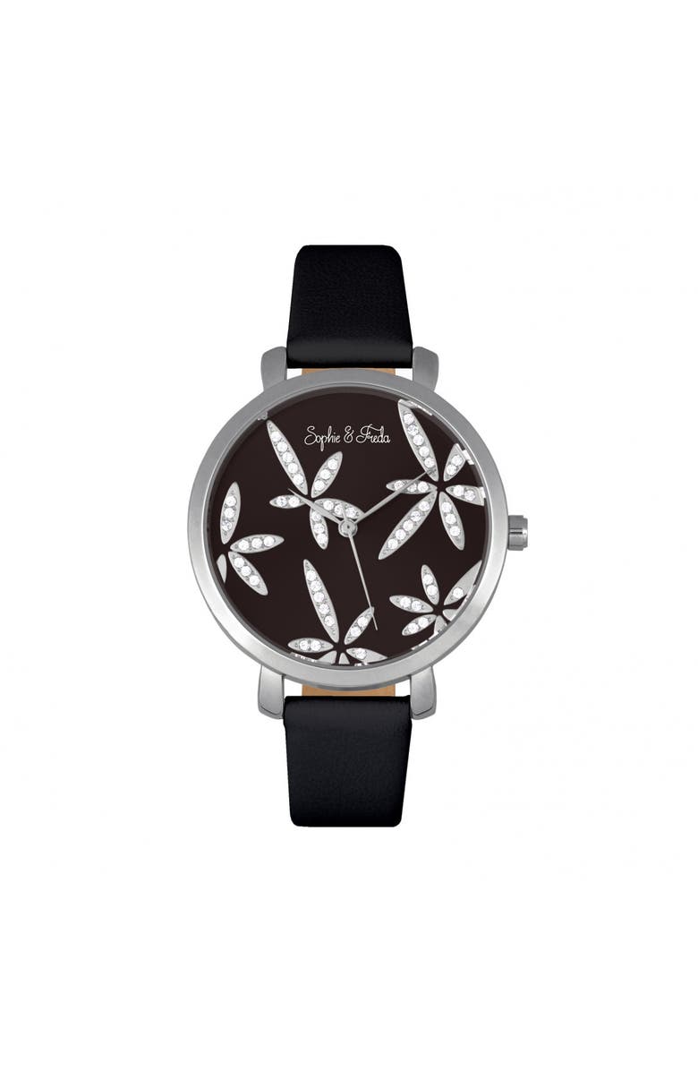 Sophie and Freda Sophie & Freda Key West Leather-Band Watch w/Swarovski Crystals, Main, color, Silver/Black