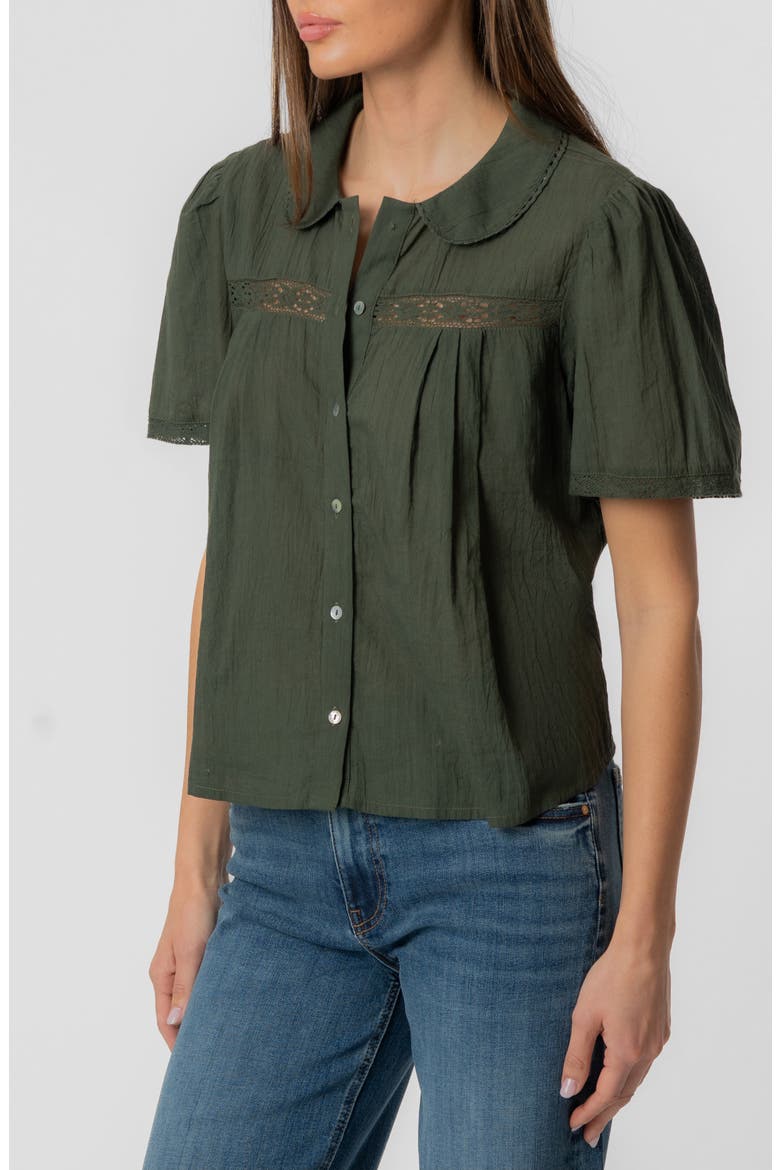 Vienna Lace Trim Cotton Button-Front Top, Alternate, color, OLIVE