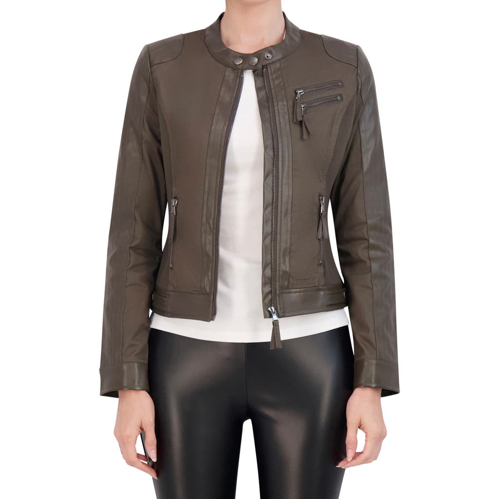 Ookie & Lala Mixed Media Moto Jacket In Olive