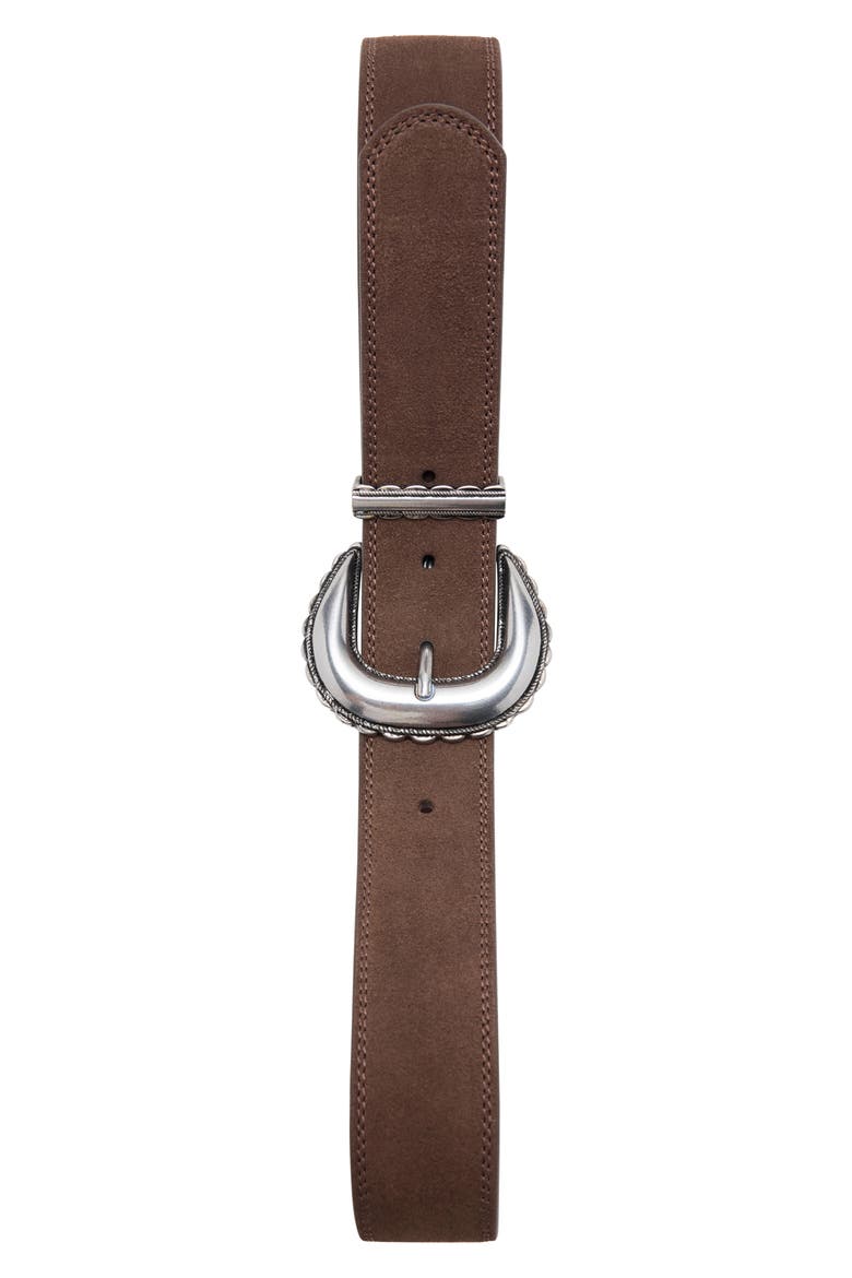 Engraved Buckle Suede Belt, Main, color, BROWN
