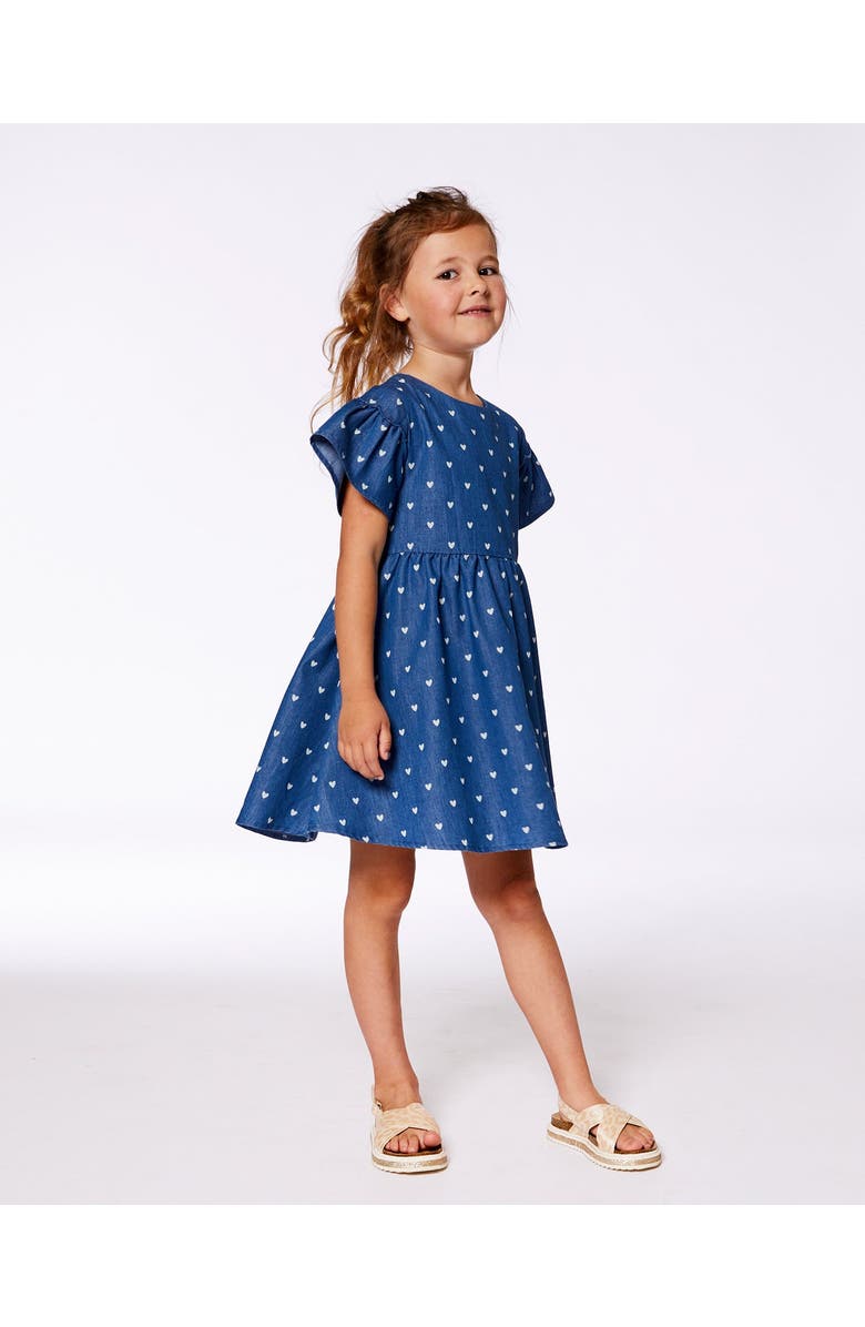 Deux par Deux Girl's Printed Chambray Dress Navy Blue And White Hearts, Alternate, color, 
