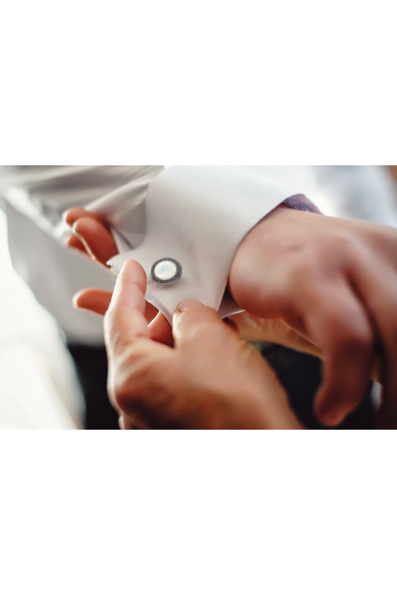 Round Mother Of Pearl Antique Border Cufflinks, Alternate, color, White