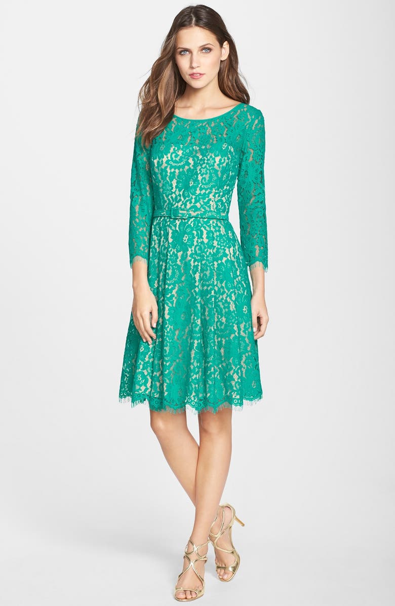 Eliza J Belted Lace Fit & Flare Dress, Alternate, color, 