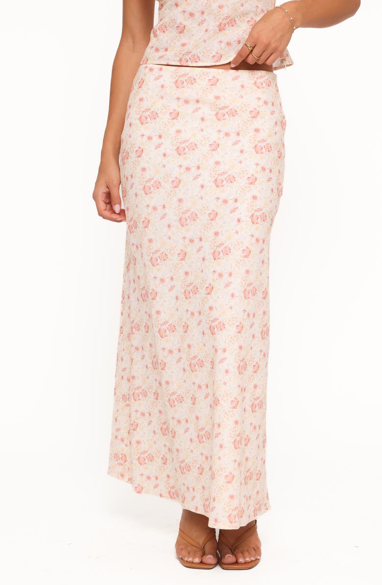 Petal & Pup Giarda Floral Print Crinkle Linen Blend Maxi Skirt, Main, color, 