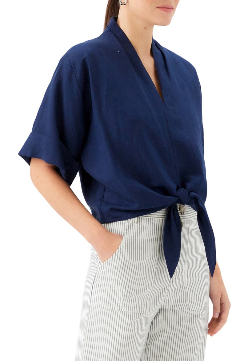 Janice Cuffed Tie Hem Linen Blend Top, Alternate, color, NAVY