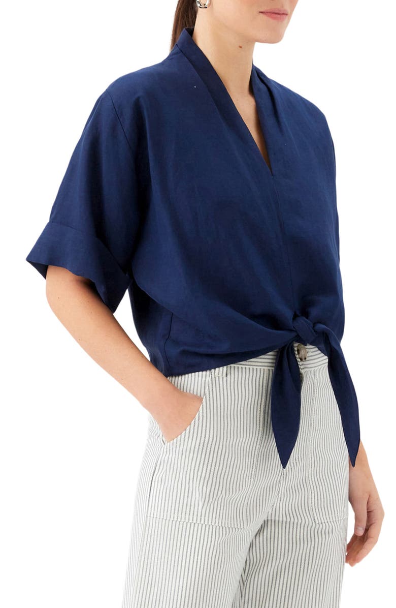 FIFTEEN TWENTY Janice Cuffed Tie Hem Linen Blend Top, Alternate, color, Navy
