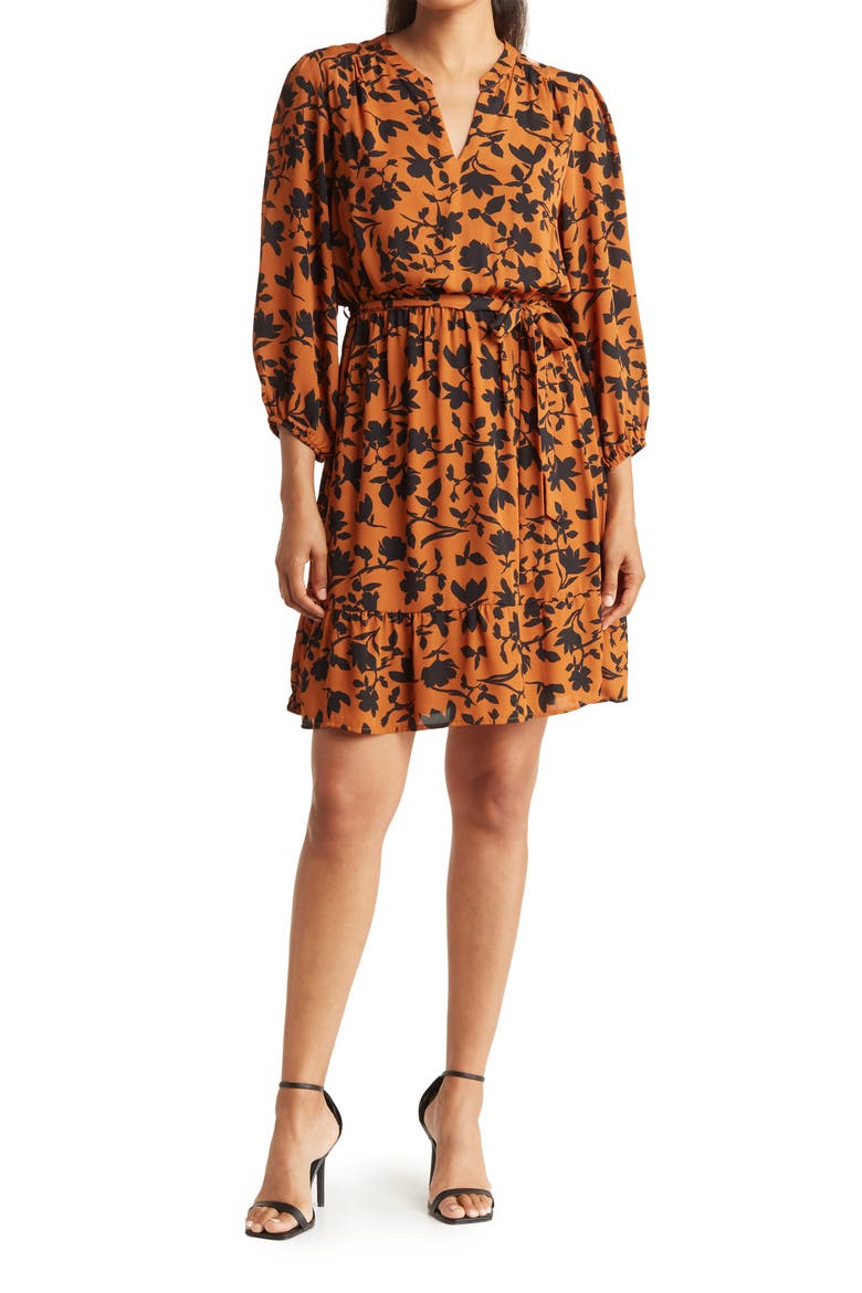 Floral Print Belted Long Sleeve Dress, Main, color, BROWN