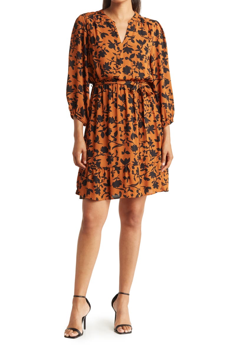 Collective Concepts Floral Print Belted Long Sleeve Dress, Main, color,