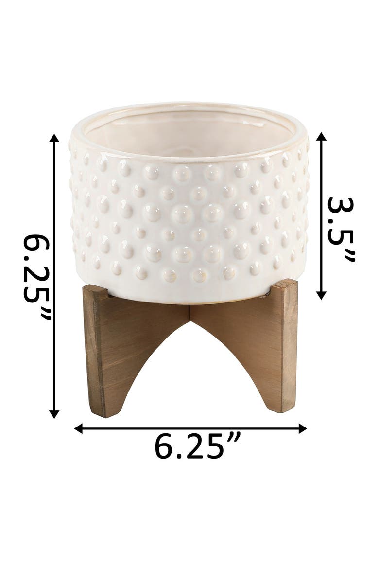 6"  Hobnail Ceramic Planter on Wood Stand, Alternate, color, WHITE