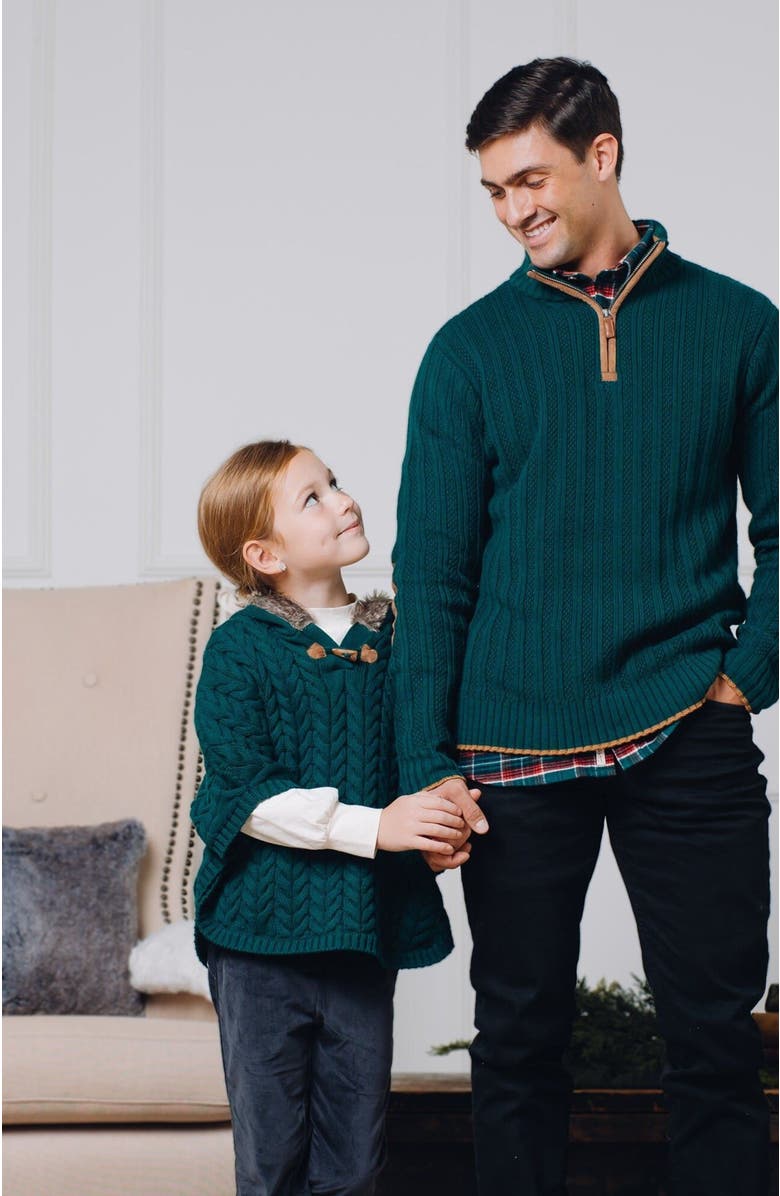 Hope & Henry Girls' Sweater Cape with Faux Fur Hood, Kids, Alternate, color, Deep Green Cable