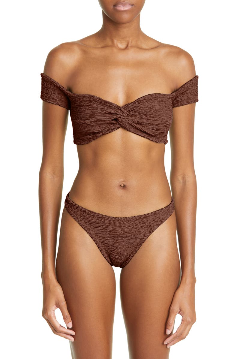 Hunza G Brigette Off the Shoulder Seersucker Two-Piece Swimsuit, Main, color, 
