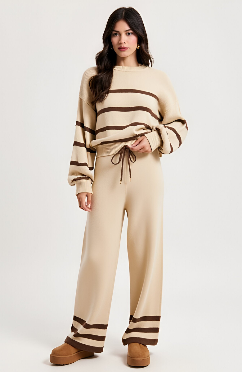 Modenaire Cozy Striped Sweater and Wide-Leg Pants Lounge Set, Alternate, color, 