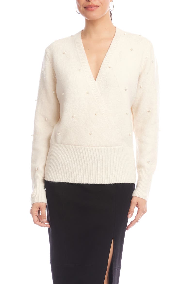 Faux Pearl Embellished Wrap Sweater, Main, color, CREAM