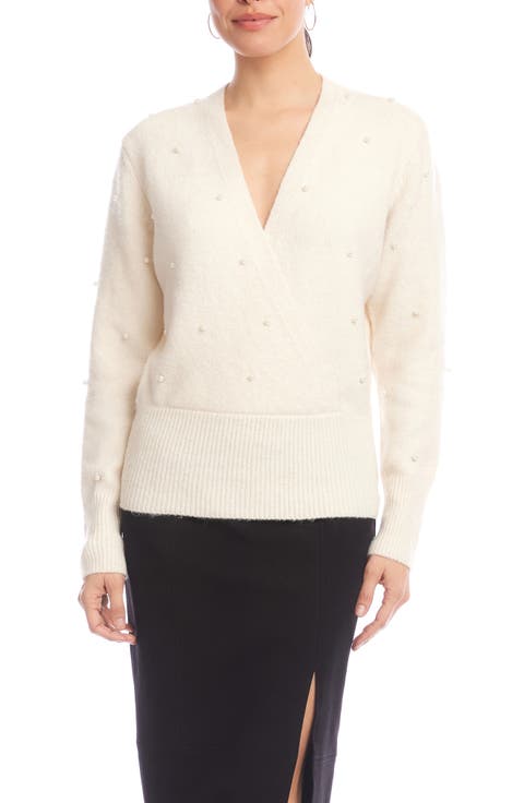 Faux Pearl Embellished Wrap Sweater