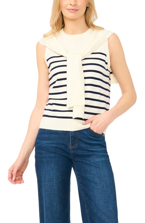 Stripe Front Tie Sleeveless Sweater