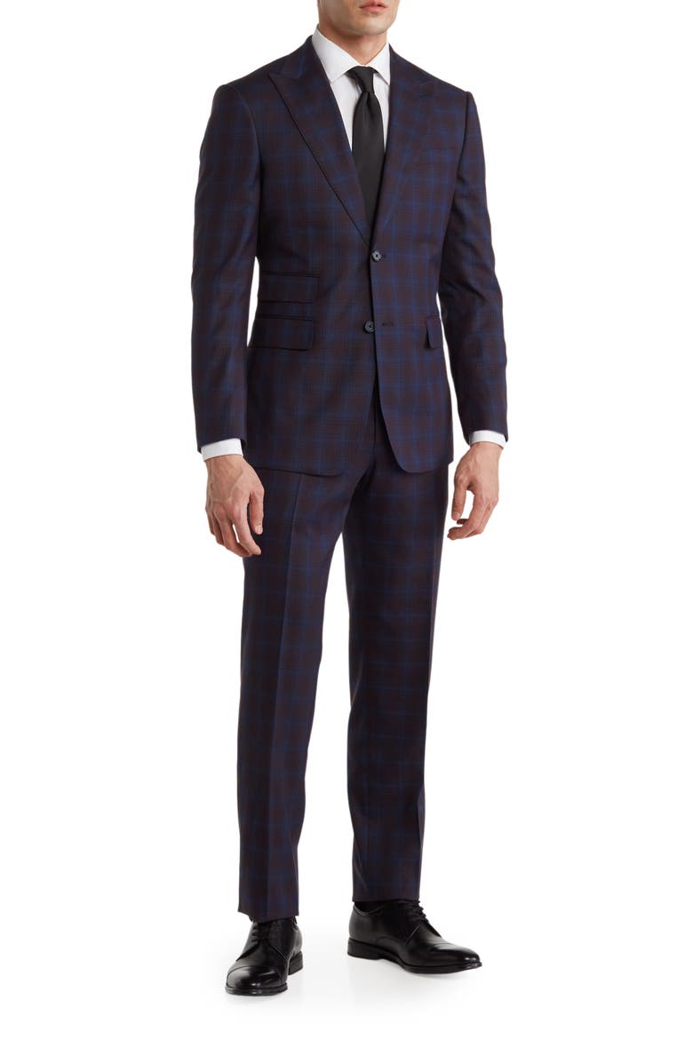 Plaid Two Button Peak Lapel Trim Fit Suit, Main, color, BLUE
