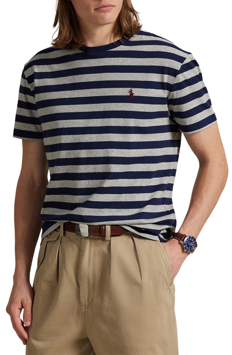 Polo Ralph Lauren Classic Fit Stripe Cotton T-Shirt, Main, color, Andover Heather/ Cruise Navy