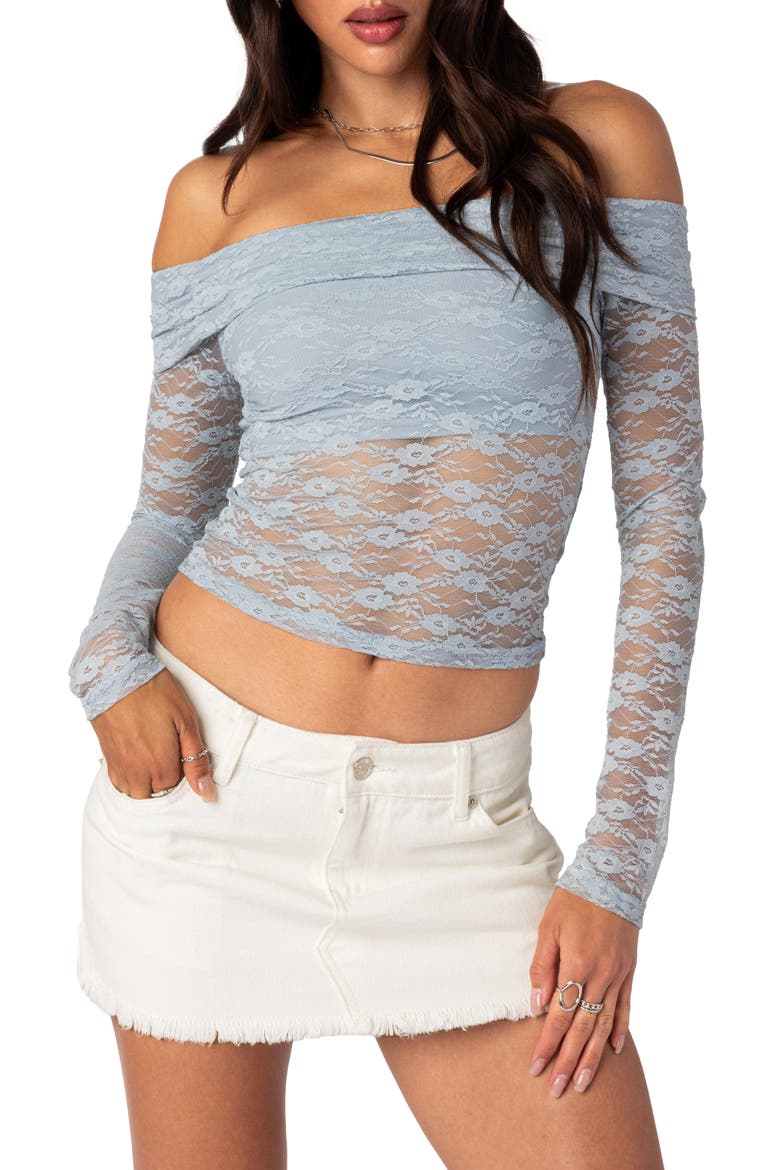 Elysia Foldover Lace Off the Shoulder Crop Top, Main, color, LIGHT-BLUE