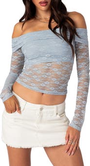 EDIKTED Elysia Foldover Lace Off the Shoulder Crop Top