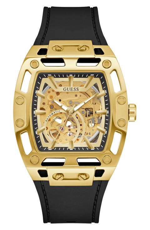 Phoenix Goldtone Skeleton Automatic Silicone Strap Watch, 43mm x 42mm
