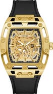 GUESS Phoenix Goldtone Skeleton Automatic Silicone Strap Watch, 43mm x 42mm