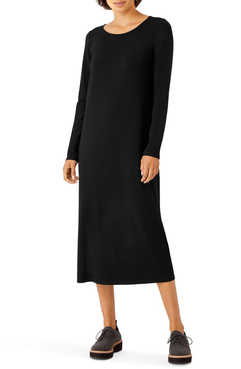 Eileen Fisher Jewel Neck Long Sleeve Jersey Shift Dress, Main, color, 