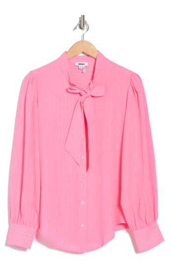 Dkny Tie Neck Long Sleeve Button-up Top