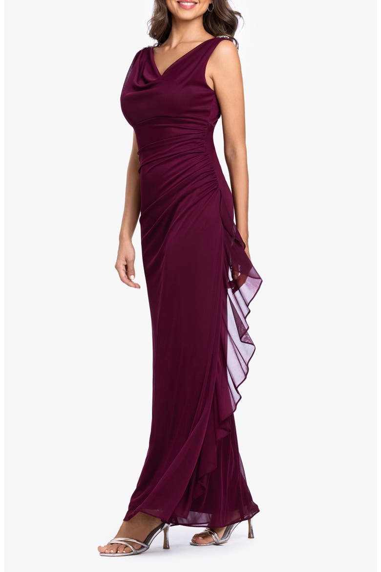 Side Ruffle Cowl Neck Sleeveless Gown, Alternate, color, GARNET