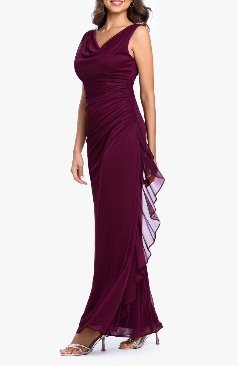 Betsy & Adam Side Ruffle Cowl Neck Sleeveless Gown, Alternate, color, Garnet
