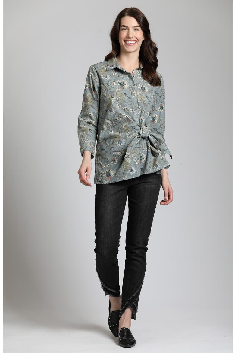 Mixed Print Side Tie Cotton Button-Up Shirt, Alternate, color, GREY MULTI