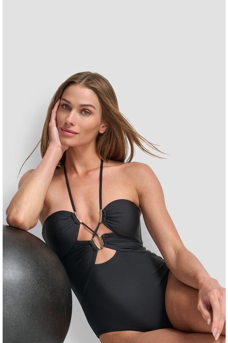 Jeweled Cutout One-Piece Halter Swimsuit, Alternate, color, BLACK