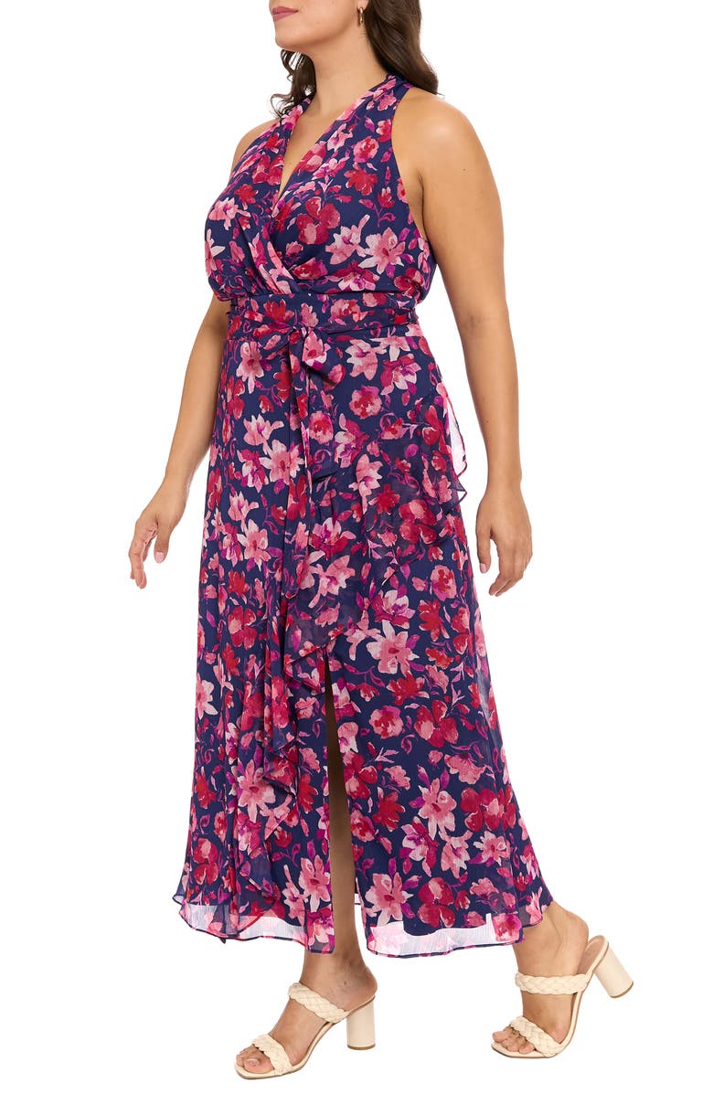 London Times Tie Waist Maxi Dress, Alternate, color, Navy/ Salmon