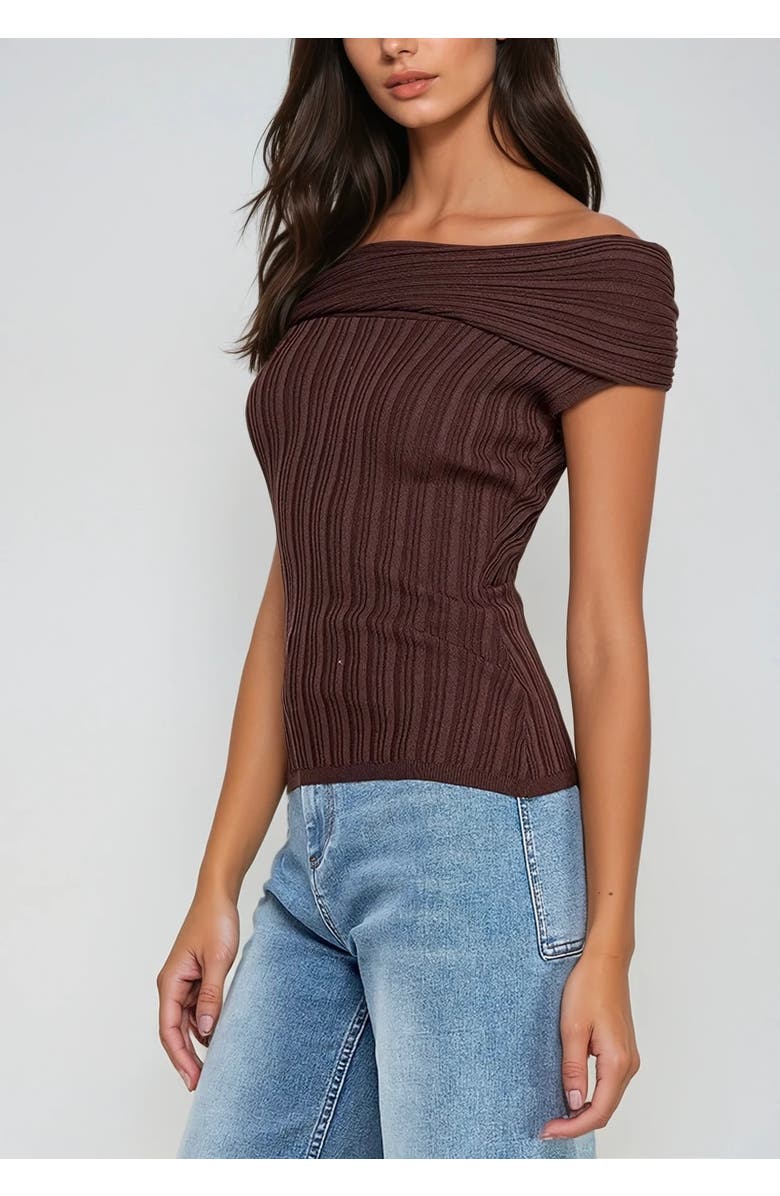 Sisterly Amélie Off-Shoulder Ribbed Contour Top, Alternate, color, Brown