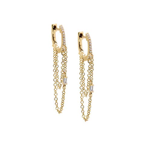 Diamond Baguette Double Chain Huggie Earring 14K