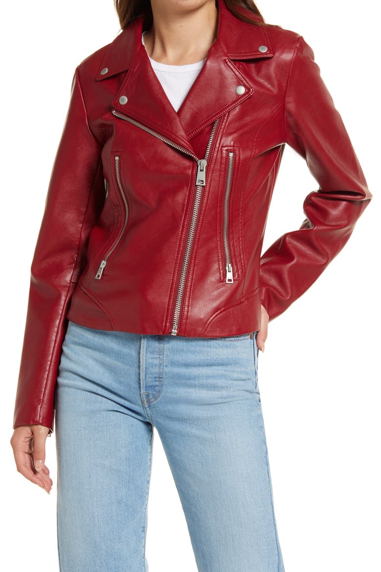 Faux Leather Moto Jacket, Alternate, color, DEEP RED