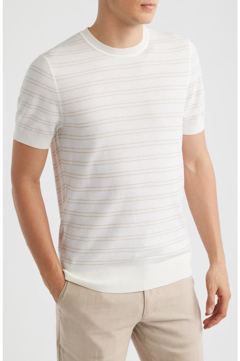 H-Nalon Stripe Short Sleeve Cotton Blend Piqué Sweater, Main, color, WHITE