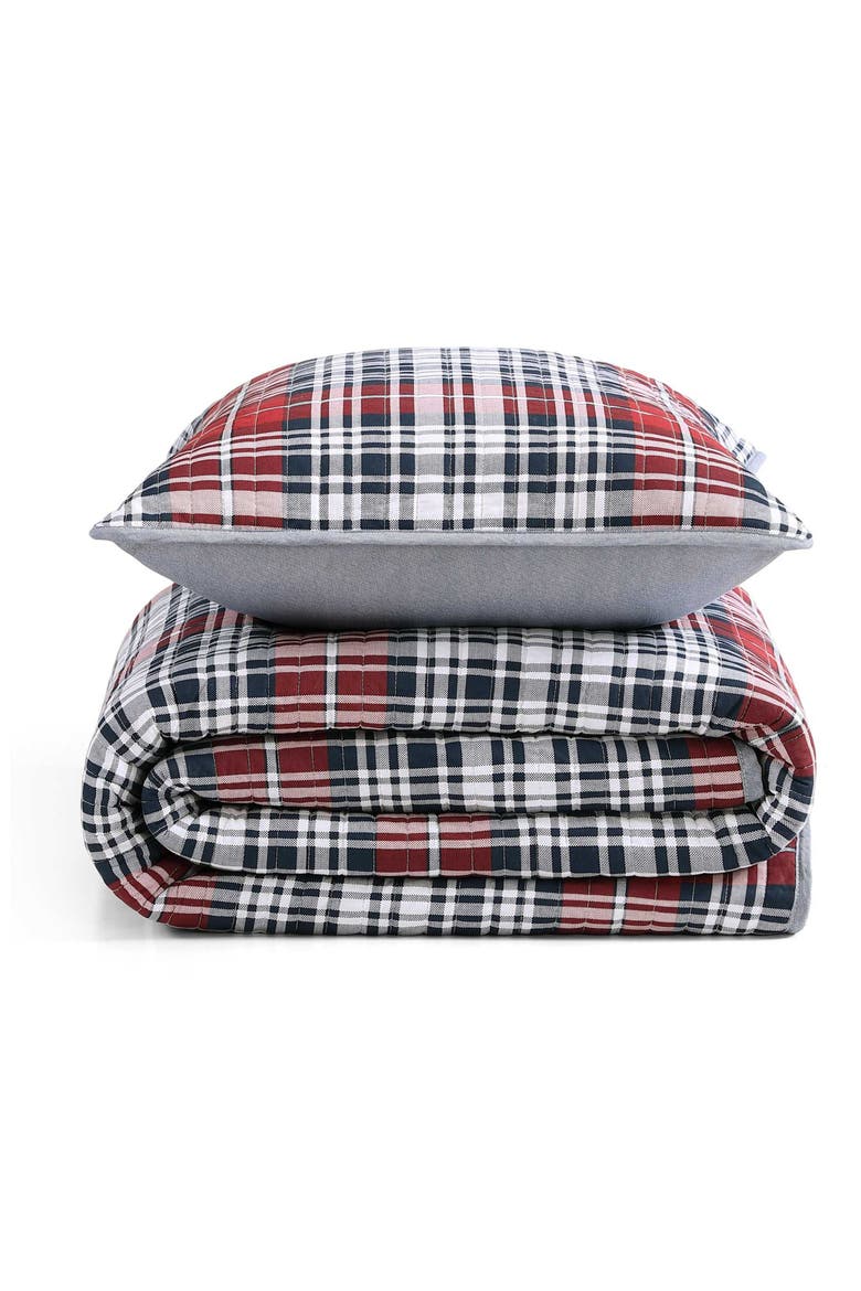 Collegiate Tartan Plaid Cotton Quilt & Shams Set, Main, color, WHITE/ MEDIUM RED/ NAVY BLUE