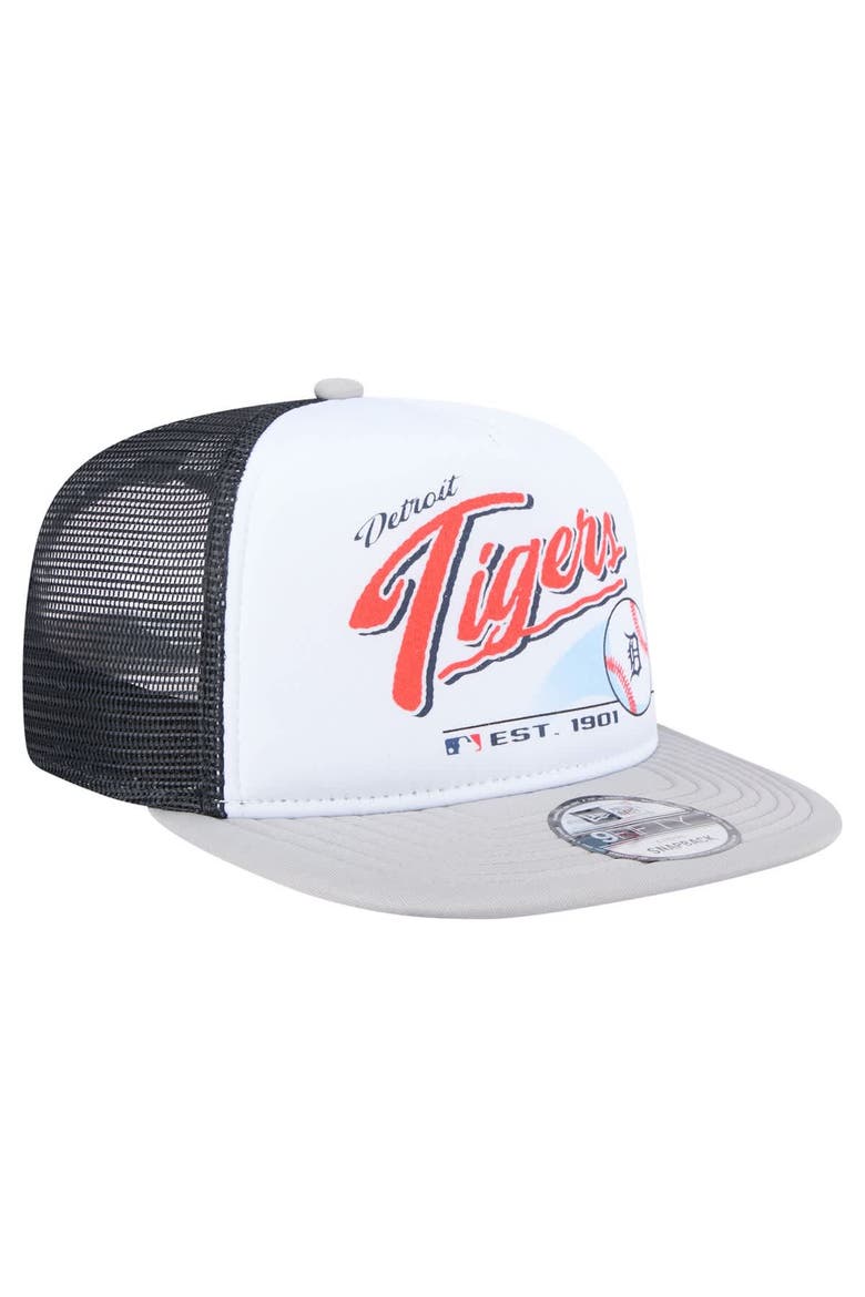 Men's New Era White/Gray Detroit Tigers Retro Script Trucker 9FIFTY Snapback Hat, Alternate, color, White