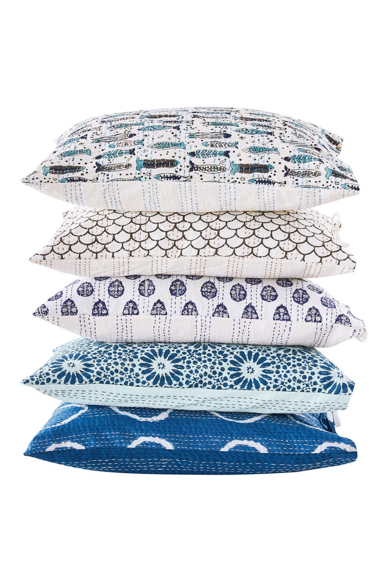 Flower Burst Handstitched Kantha Set of 2 Cotton Shams, Alternate, color, INDIGO