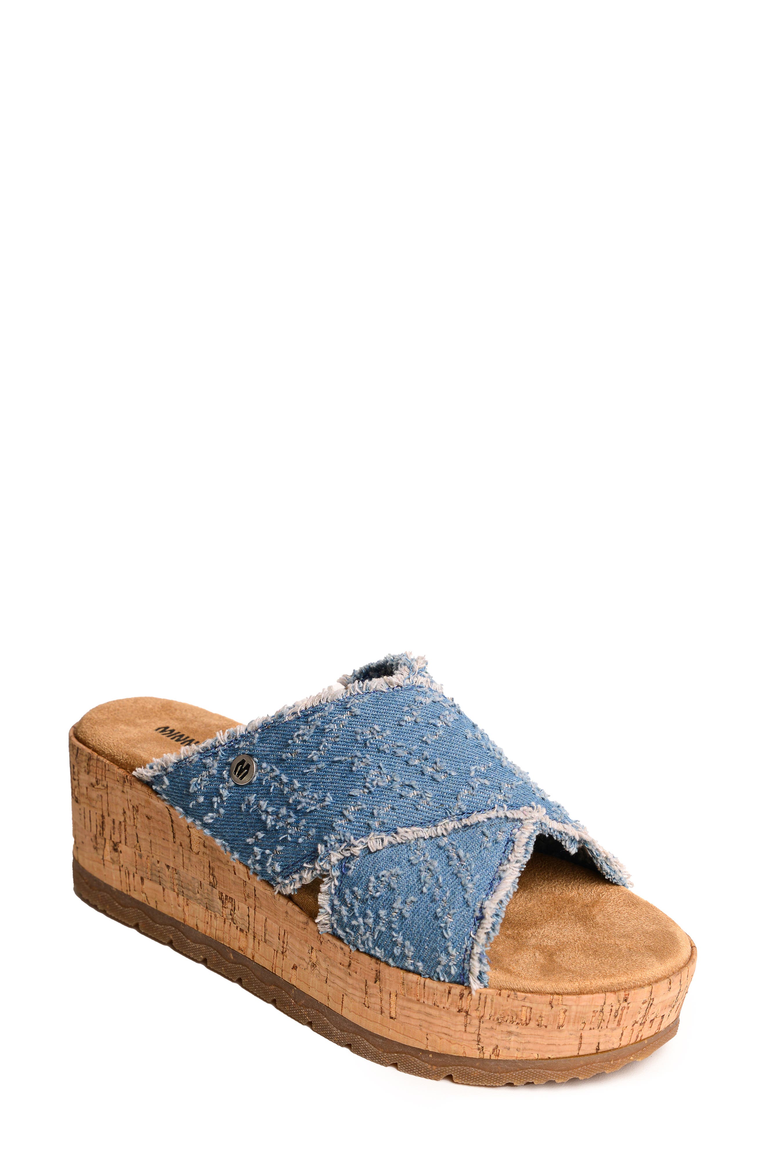 Minnetonka Posey Platform Wedge Slide Sandal, Main, color, Blue Distressed Denim