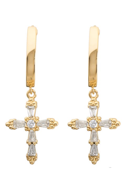 Cubic Zirconia Cross Huggie Hoop Earrings