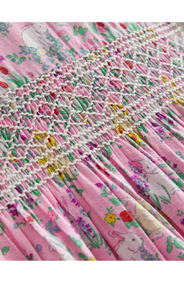 Mini Boden Kids' Bunny Print Smocked Cotton Dress, Alternate, color, 