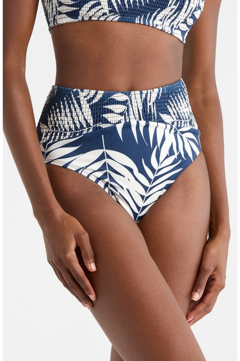 Smocked High Waist Bikini Bottoms, Main, color, NAVY PARADISE FOLIAGE